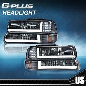 LED DRL Chrome Headlights+Bumper Lamps Fit For 99-02 Chevy Silverado 00-06 Tahoe