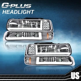 LED DRL Chrome Headlights+Bumper Lamps Fit For 99-02 Chevy Silverado 00-06 Tahoe