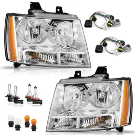 Chrome Headlights For 2007-2014 Chevy Suburban Tahoe Avalanche W/Bulbs L+R Pair