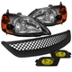 For Honda Civic ExX DX 2/3/4Dr Black Headlights+Front Grill+Yellow Fog Lights