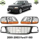Front Grille Assembly Chrome & Black Plastic & Headlights For 01-03 Ford F-150