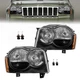 For 2005-2007 Jeep Grand Cherokee Black Halogen Headlights Headlamps L+R W/Blubs