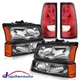 For 2003-2006 Chevy Silverado 1500 2500 3500 Black Headlights + Red Tail Lights