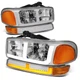 FOR 99-07 SIERRA YUKON SWITCHBACK LED DRL TURN SIGNAL HEADLIGHTS CHROME AMBER