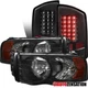 Fit 2002-2005 Dodge Ram 1500 2500 3500 Black Headlights+LED Brake Tail Lamps