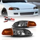 For 92-95 Honda Civic Housing Black Headlamp Amber Corner Headlight Left+Right
