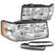 FOR 97-99 CADILLAC DEVILLAC CHROME REPLACEMENT HEADLIGHT LAMP +LED DRL KIT LH+RH
