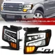 For 2009-2014 Ford F150 Black Full LED Sequential Tube Tri Projector Headlights