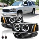 For 2000-2006 GMC Yukon Denali Halo Black Headlights+Bumper Lamps LH+RH w/ Bulbs