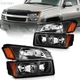For 2002-2006 Chevy Avalanche Assembly Lamps+Bumper Light Black Headlights Pair