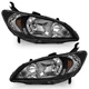 Pair Headlights For 2004-2005 Honda Civic 2Dr/4Dr Black Amber Assembly