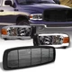 For 2002-2005 Dodge Ram Chrome LED Tube Headlights Amber+Black Horizontal Grille