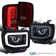 Fit GMC 14-17 Sierra Black LED DRL Projector Headlights+Red/Smoke LED Tail Lamps